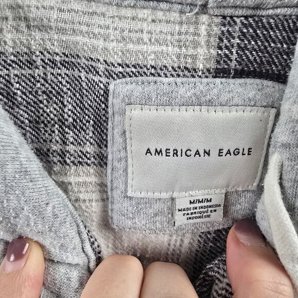 American Eagle Hooded Plaid Button-Up Shirt Black/White Size M Cotton Blend - Picture 5 of 9